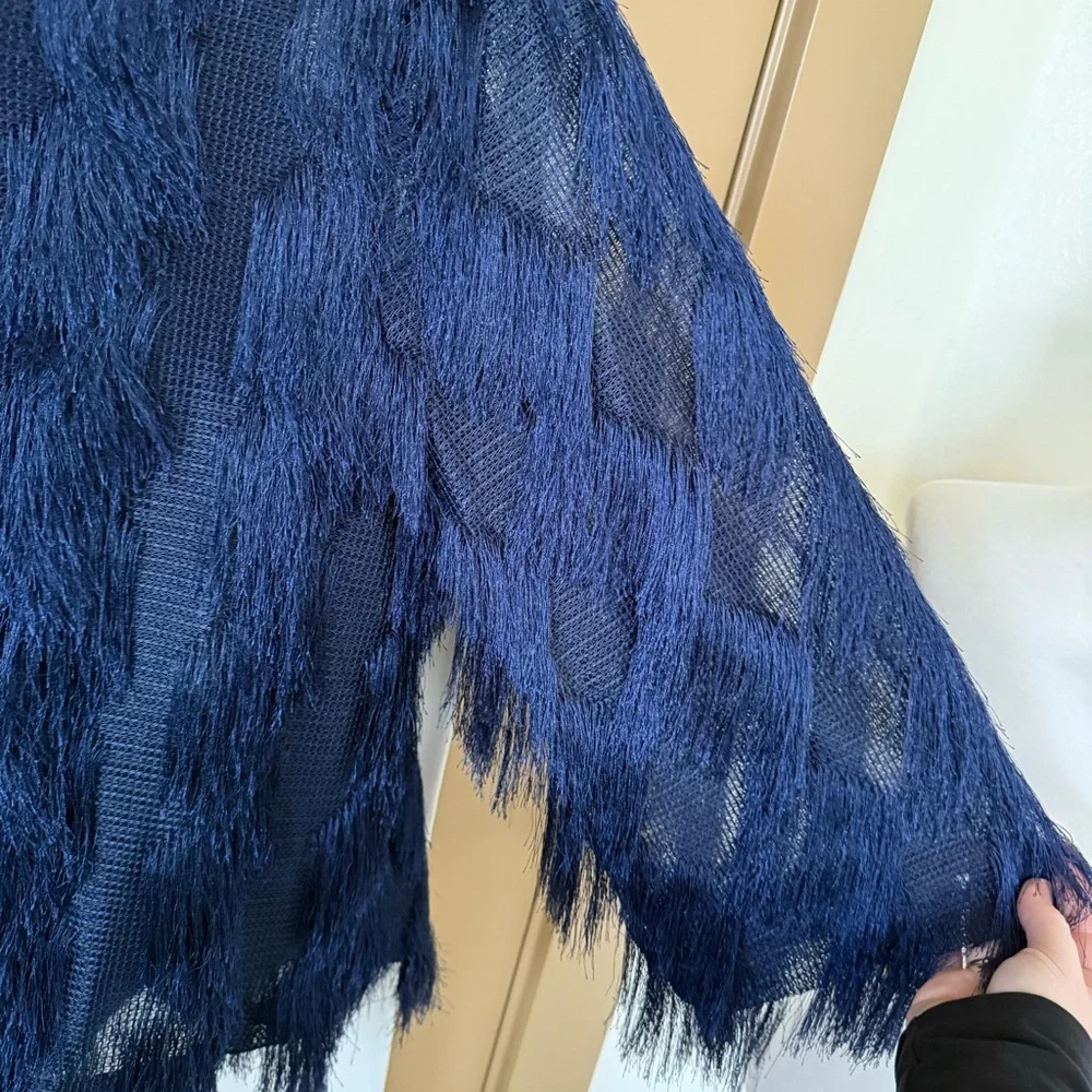 Kellee Womens‎ Small Navy Blue Fringe Flare 3/4 Sleeve Button Up Cardigan